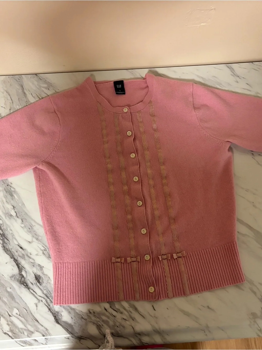 Vintage GAP Blue Label Girls L 10-12 Pink Ribbon Bow Cardigan Sweater Y2K